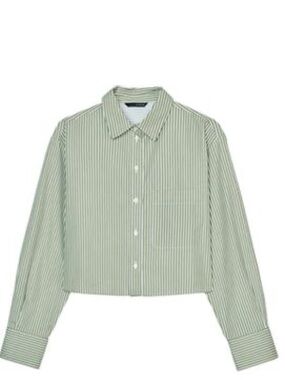 Zara Cropped Green and White Striped Button-Up Shirt